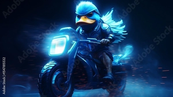 Fototapeta A blue duck with wings is riding a motorcycle 