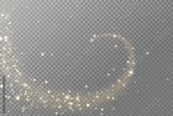 Fototapeta Golden glitter wave with sparkling lights, glow, and magic dust effect. For Christmas, party posters, celebration banners, festive photo overlays. Remove transparent background in vector file.
