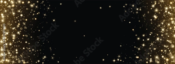 Fototapeta Add as overlay to any background or photo by using Screen mode. Golden glitter corners with glow, sparkles and bokeh. Festive frame for Christmas, New Year, invitations, celebration banners. Vector.