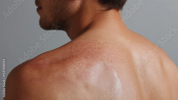 Obraz Sunburned back shoulder of man with visible redness and irritation on skin, showing discomfort and sensitivity from sun exposure. Close up portrait style macro image