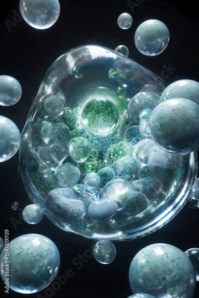 Fototapeta Vista microscópica de una membrana celular transparente que muestra un núcleo verde y orgánulos, suspendidos en un fluido oscuro y rodeados de burbujas más pequeñas.
