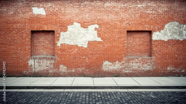 Fototapeta Old grunge urban background, weathered red brick wall with visible wear and tear, including some missing bricks and patched areas. The wall features two recessed