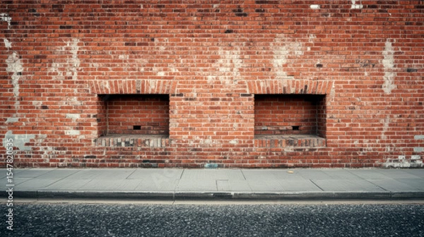 Fototapeta Old grunge urban background, weathered red brick wall with visible wear and tear, including some missing bricks and patched areas. The wall features two recessed