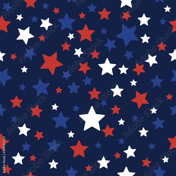Fototapeta Seamless pattern with red, white and blue stars on a dark background. Ideal for American designs Independence Day, Veteran Day, wrapping paper, patriotic textiles and backdrops