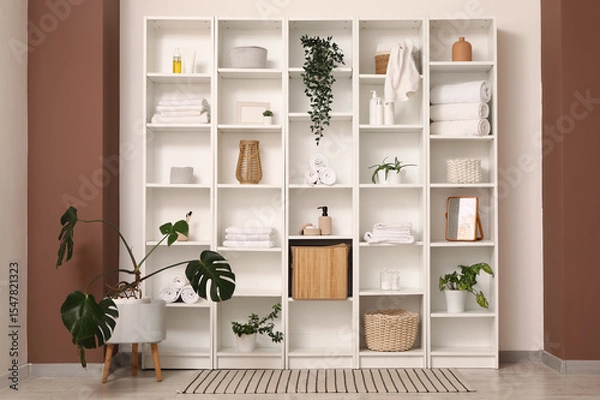 Fototapeta Big shelf unit with bath accessories and plants in room