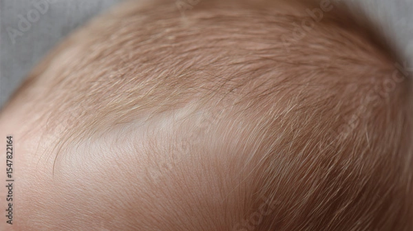 Obraz Baby scalp with fine soft hair close up, showing delicate skin texture and light brown hair strands in natural lighting, capturing gentle and tender nature of infancy