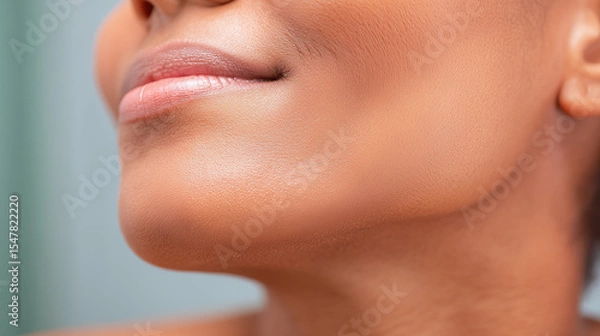 Obraz Smooth skin close up of chin and jaw curve with natural lips and healthy complexion, showing soft texture and gentle light on face