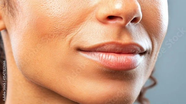 Obraz Smooth skin texture close up with natural lips corner, showing healthy skin and subtle smile expression on warm toned face with soft lighting and clear detail