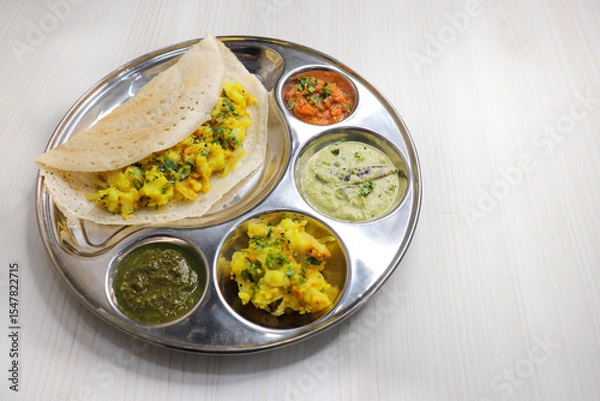 Fototapeta Crispy Masala dosa is a popular South Indian food item served with tomato chutney, coconut chutney, spicy potato masala, or aloo ki sabzi and sambar. Copy space. Crunchy Rice crepes.