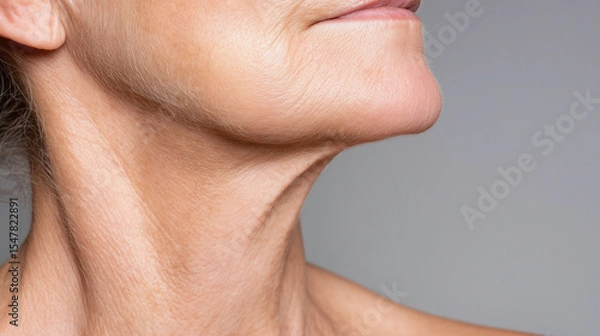 Obraz Close up view of elderly person neck and jawline showing natural skin texture and wrinkles with soft lighting on neutral background, highlighting aging skin details