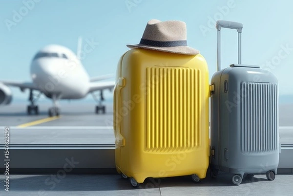 Fototapeta Colorful travel suitcases with a straw hat beside a large airport window overlooking a plane on the runway, symbolizing vacation, journey, or international travel plans