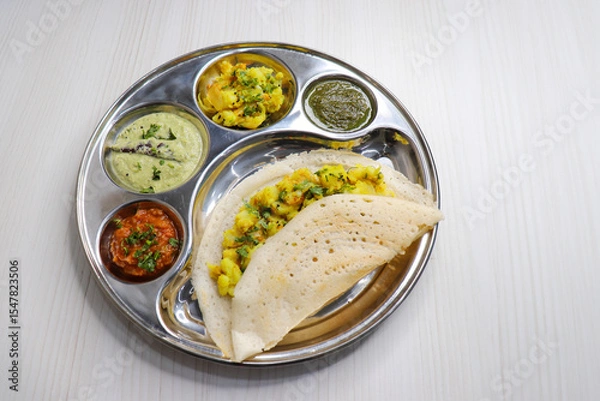 Fototapeta Crispy Masala dosa is a popular South Indian food item served with tomato chutney, coconut chutney, spicy potato masala, or aloo ki sabzi and sambar. Copy space. Crunchy Rice crepes.