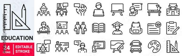 Fototapeta Education and e learning web icons in line style. School, university, success, academic, textbook, Distance learning Electronic resources