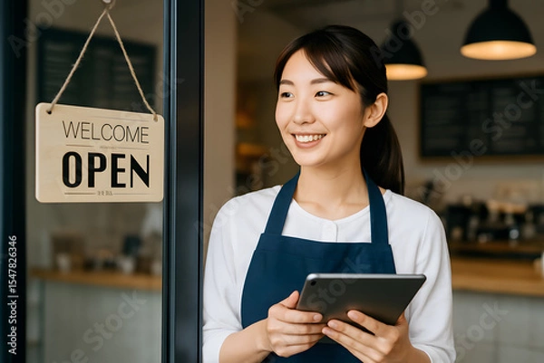 Obraz Portrait of happy woman standing at doorway of her store. Cheerful mature waitress waiting for clients at coffee shop. Successful small business owner standing at entrance. Ai Generative.