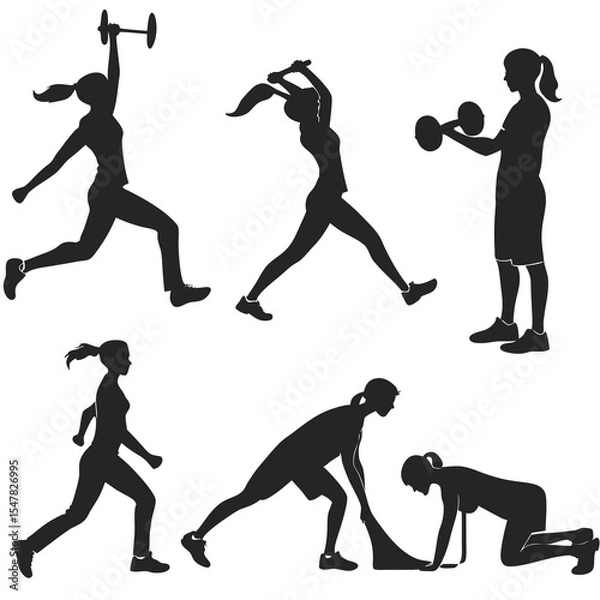 Obraz Vector silhouette collection of different poses of people exercising.