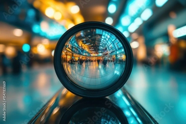 Obraz Abstract View of Camera Lens Capturing Blurred Indoor Scene