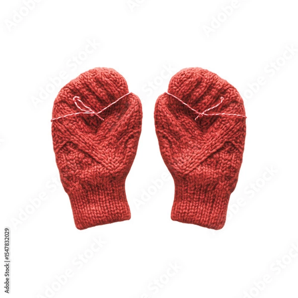 Fototapeta Pair of Red Knitted Mittens with Loose Threads