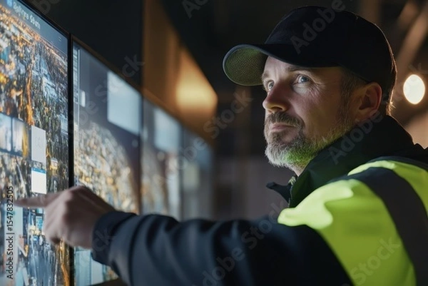 Obraz Focused Man in Safety Jacket Interacting with Multiple Screens