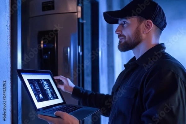 Obraz Man Using Laptop in Front of Modern Appliance at Night