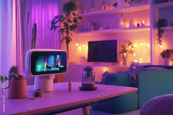 Obraz Modern Living Room with Smart Device and Cozy Atmosphere at Night