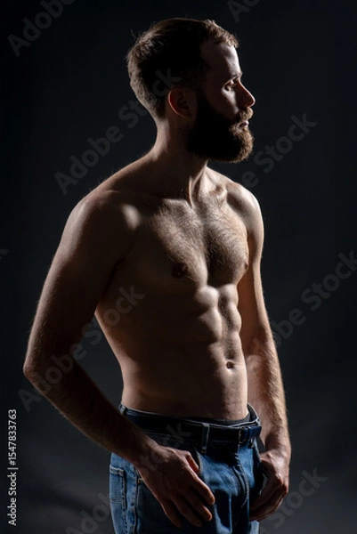 Fototapeta Shirtless fit man with beard posing in shadow on dark background. Concept of strength, masculinity, and body confidence in modern portrait photography