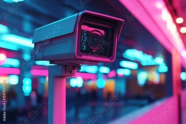 Obraz Modern Security Camera with Neon Lighting in Urban Environment
