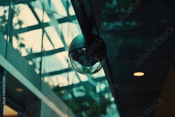 Obraz Modern Surveillance Camera Hanging in Contemporary Urban Setting