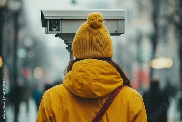 Obraz Person in Yellow Jacket and Hat Standing in Front of Security Camera