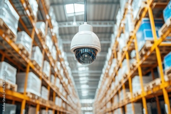 Obraz Security Camera Monitoring Warehouse Interior with Storage Racks