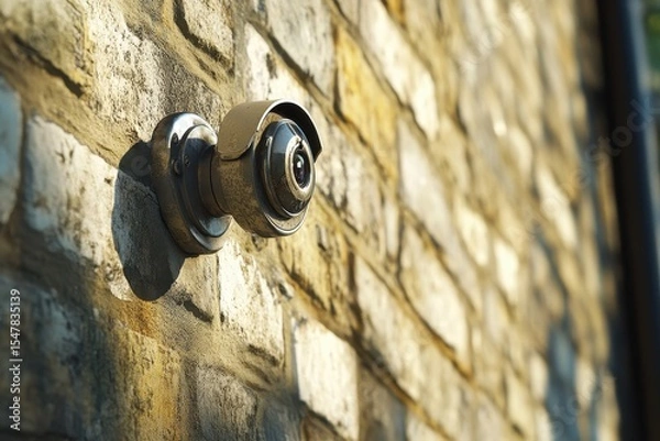 Obraz Security Camera Mounted on Brick Wall for Surveillance Purposes
