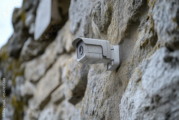 Obraz Security Surveillance Camera Mounted on Rough Stone Wall Exterior