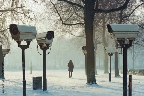 Obraz Security Surveillance in Winter Park with CCTV Cameras and Fog