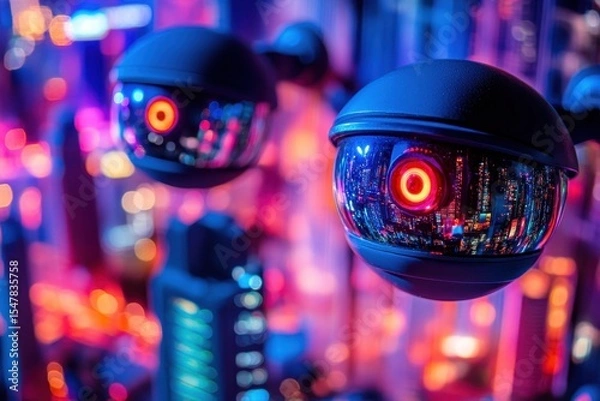 Obraz Surveillance Cameras in a Vivid Urban Setting with Neon Lights
