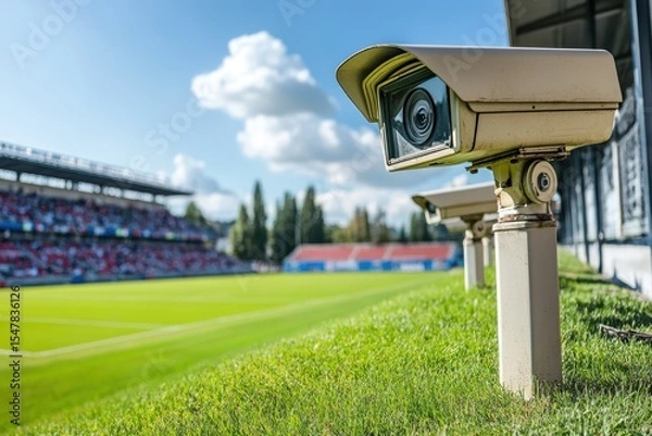 Obraz Surveillance Camera Overlooking Green Grass Pitch in Stadium Setting