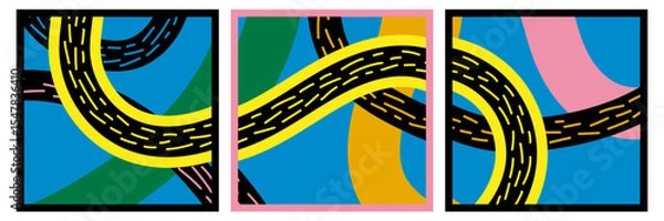 Fototapeta A set of three abstract geometric illustrations of posters. Print for clothes, template for sale, post in social media. Vector EPS10