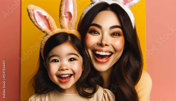 Obraz Happy mother and daughter wearing bunny ears, smiling joyfully against a colorful background. Easter, family, parenting, childhood, holiday celebration, and joyful lifestyle concepts.