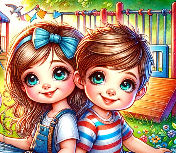 Obraz Adorable cartoon illustration of a smiling boy and girl with big sparkling eyes sitting together at a colorful playground. A joyful, vibrant scene perfect for children’s books, products, and education