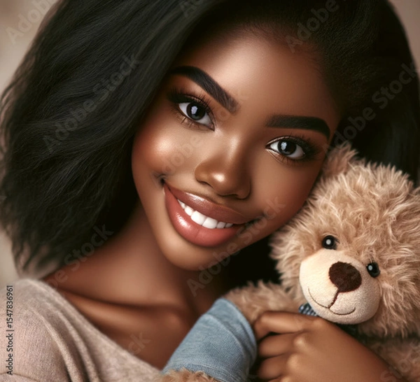 Obraz Young woman with a radiant smile hugging a soft teddy bear in a cozy indoor setting. A heartwarming portrait capturing joy, comfort, emotional warmth, and the essence of self-care and happiness.