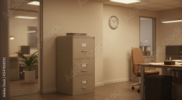 Fototapeta Empty office space: Filing cabinet, desk, and clock under warm lighting.