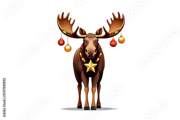 Obraz Festive Moose with Christmas Ornaments: A Whimsical Holiday Illustration