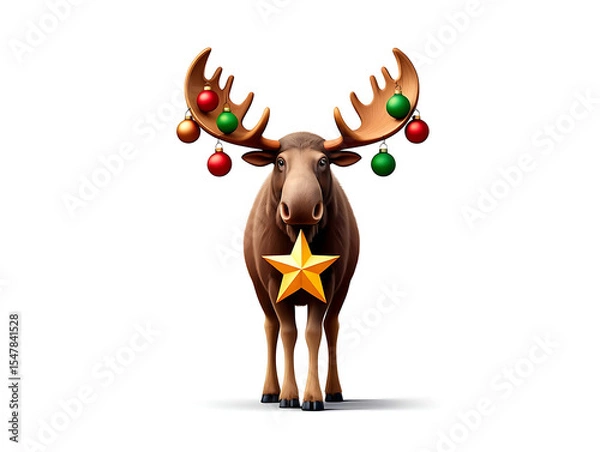 Obraz Festive Moose with Christmas Ornaments: A Whimsical Holiday Illustration
