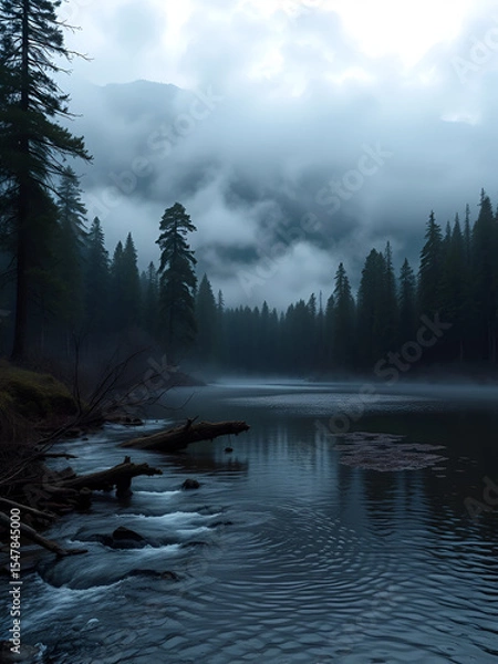 Obraz Ghostly forest near mountain lake in early morning. Mountain creek flows into lake. Ripple on smooth water surface. Low clouds. Dark calm atmospheric misty woodland landscape. Tranquil atmosphere.