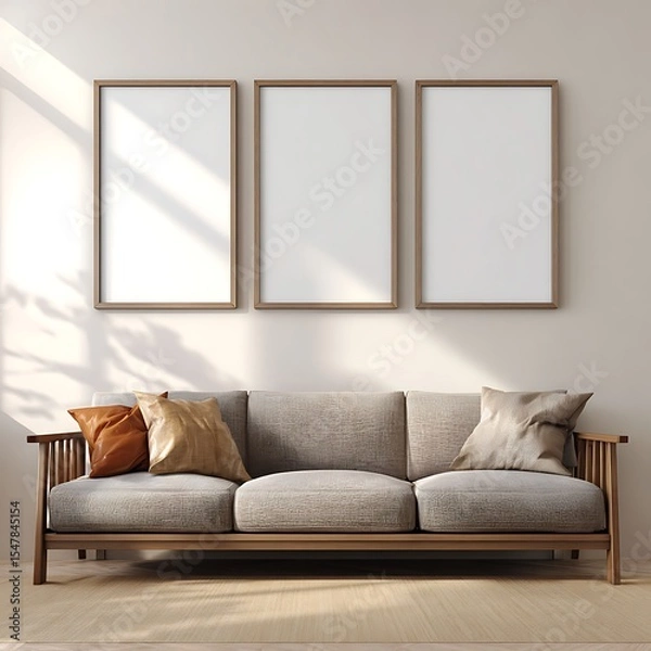 Obraz Three light wood framed blank canvases above grey sofa with beige and orange pillows