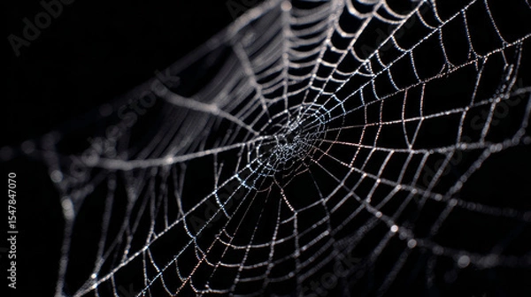 Obraz Spider web with water drops on black background