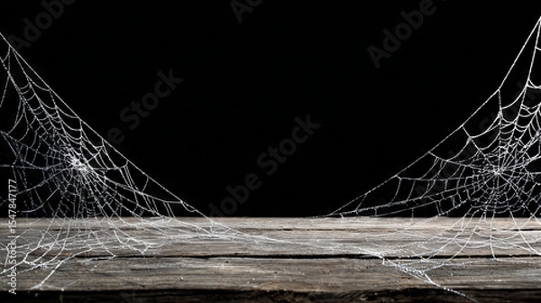 Obraz Spider web on a wooden table on black background with copy space