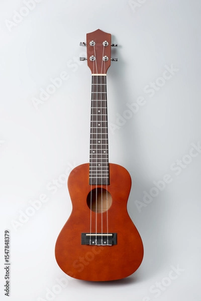 Obraz Ukulele made of natural wood of dark color photographed on a white background.