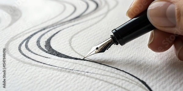 Obraz A high-speed capture of a black ink pen drawing a fluid abstract line on white textured paper, ink slightly bleeding, hand partially visible in motion blur, strong focus on pen tip and ink flow, soft 
