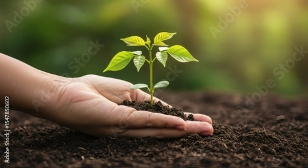 Fototapeta Nurturing New Life: A close-up shot captures the gentle touch of a hand cradling a delicate seedling, symbolizing growth, hope, and the bond between humanity and nature.