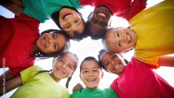 Fototapeta Group of Diverse Children Forming a Circle with Heads Together and Bright Smiles