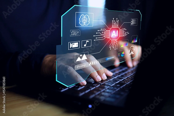 Fototapeta ai genetics concept with businessman using laptop computer to command artificial intelligence as assistant to decision making and business planning, picture and video generator, music or writing story